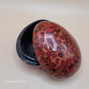 Red Handmade Lacquer Egg Vintage India Hand Painted Wood Kashmir Trinket